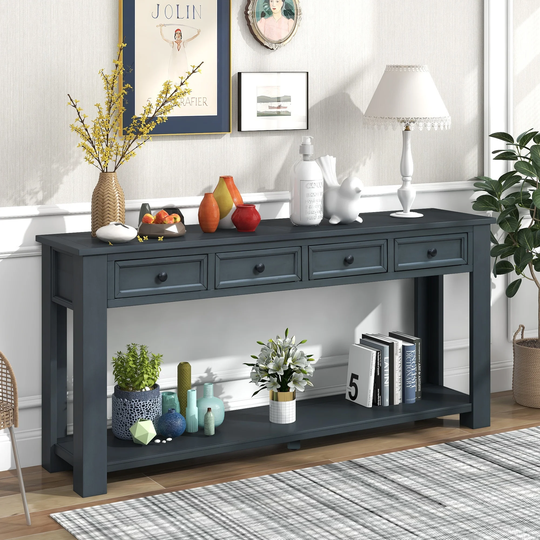 Modern Console Table with Four Storage Drawers , Solid Wood Frame , Thickened Table Legs