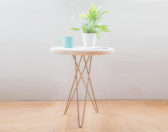Hand Made Round Wooden Side Table With Gold Hairpin Tri Leg