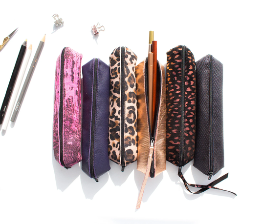 Mini Leather Pencil Case, Rosegold Zipper Pouch, Slim Cosmetic Bag, Leopard Artist Brush Gem Pen School Supplies