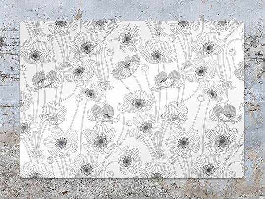 Gray Poppies Chair Mat, Black Splat White Vinyl Floor Floral Protective Office Decor, Room Rug, Kids Decor