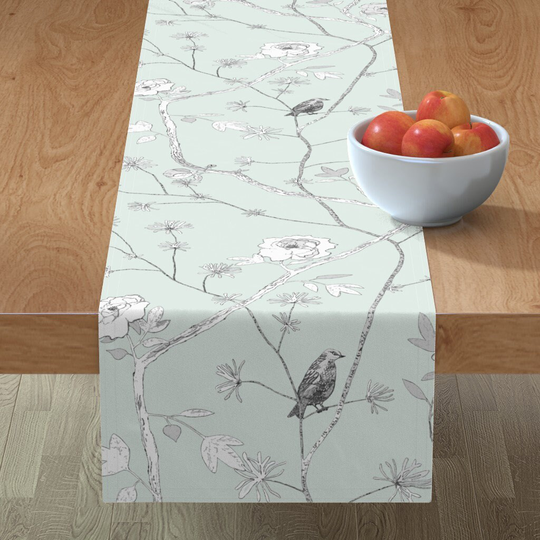 Green Chinoiserie Table Runner - Modern Peony in Duck Egg By Domesticate Pale Cotton Sateen Spoonflower