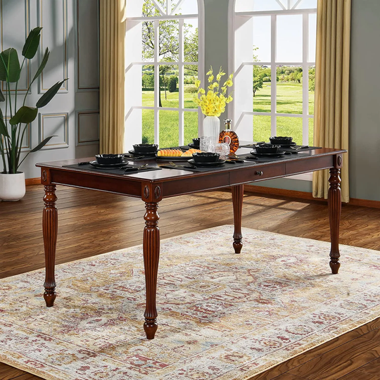 Solid Wood Dining Table with Drawer 6-8 Person Natural Cherry Wooden Rectangle Table