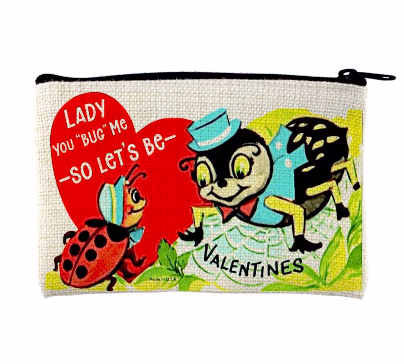 Vintage Valentines Change Purse, Zippered Pouch, Pencil Case, Make Up Bag. Anthropomorphic, Insects, Bugs, Entomology