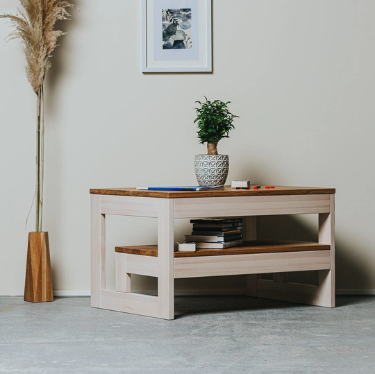 Modern White Pine & Oak Coffee Table Handmade From Recycled Material Natural
