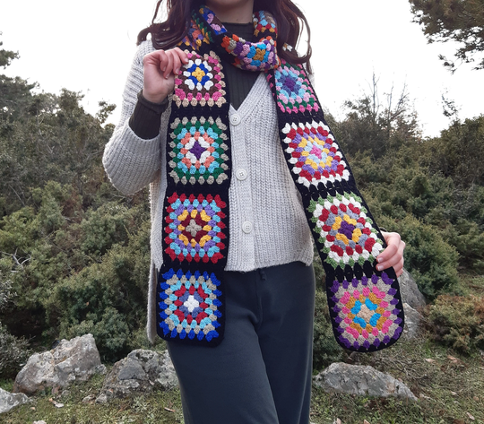 Colorful Granny Square Scarf, Afghan Crochet Boho Vintage Muffler, Knit Gifts For Her