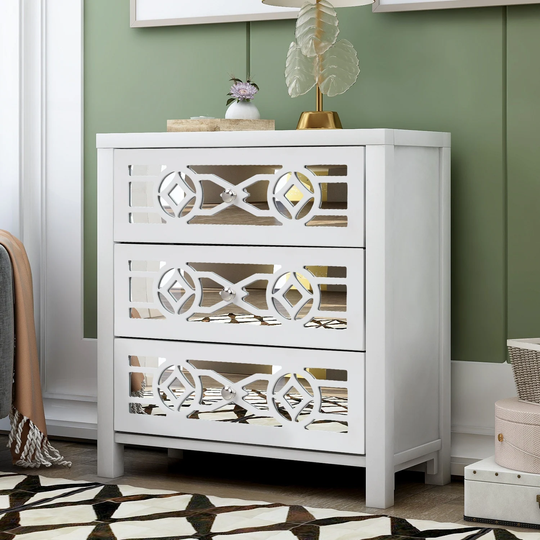 White Wooden 3-Drawer Storage Cabinet Console Table with Mirror