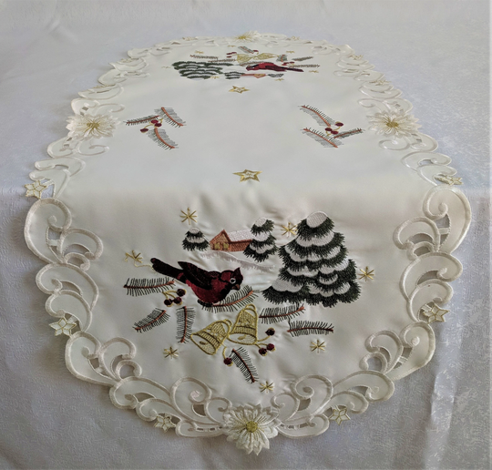 Christmas Holiday Table Runner, Dresser Scarf, Cloth, Place Mat Or Doily With A Red Cardinal & Cabin Various Sizes Available