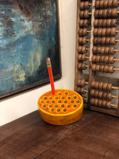 Vintage Medium Pottery Pencil Holder With Dark Yellow Color Mid Century Modern Frog Ceramic Pottery & Retro Japan Primitive Style Flower