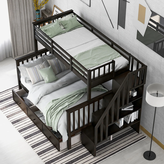 Stairway Twin-Over-Full Bunk Bed with Drawer Storage and Guard Rail for Bedroom