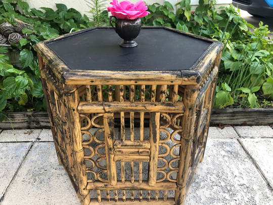 Bamboo Chippendale Side Table/Bamboo Fretwork With Black Octagon Top Island Style At Retro Daisy Girl