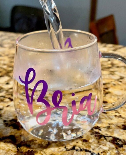 Personalized Glass Mug With Color Changing Name; 15Oz; Purple To Pink Mug; Tea Cup; Hot Chocolate; Custom Tea Cup; Butterfly
