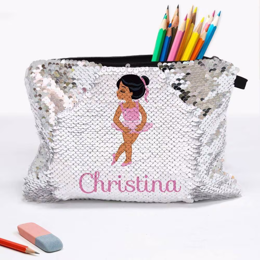 Customized Sequin Ballerina Kids Accessory Bag | School Pencil Pouch Custom Made With Name Made in USA Ships Fast Personalized
