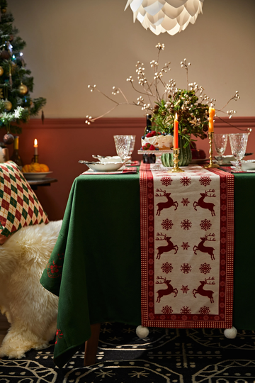 Linen Table Runner With Printed Deer Forest On A Snowy Night