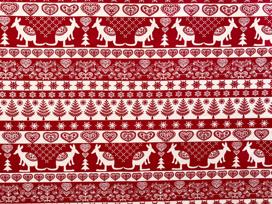 Christmas Scandi Stripe Kangaroo Red Quilting Cotton Fabric By 1/4, 1/2 Yard Or Fat Quarter, Tree Snowflake Love Heart