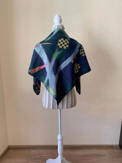 Sheer Large Square Neck Scarf, Colorful Geometric Head Scarf For Women, Abstract Psychedelic Neckerchief, Vintage Painted