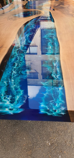 Walnut Dining Table, Custom 96" X 42" Ocean Blue, Turquoise White Waves Epoxy River Order For Courtney J