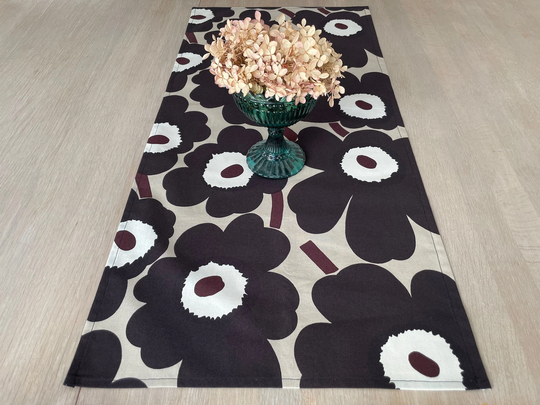 Marimekko Unikko Table Runner, Handmade Beige & Brown Poppy Print Small Tablecloth, Scandinavian Home Decor