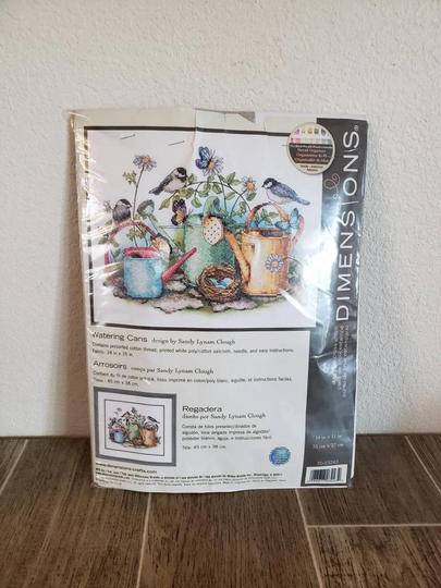 Vintage Counted Cross Stitch Kit | Dimensions Watering Cans Partially Completed | 2%