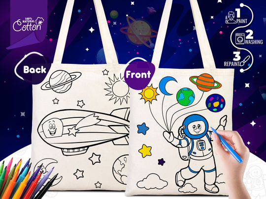 Astronaut & Zeppelin Coloring Bag, 14x16", Washable, Eco Friendly For Kids, Gift Parent, Activities Kids