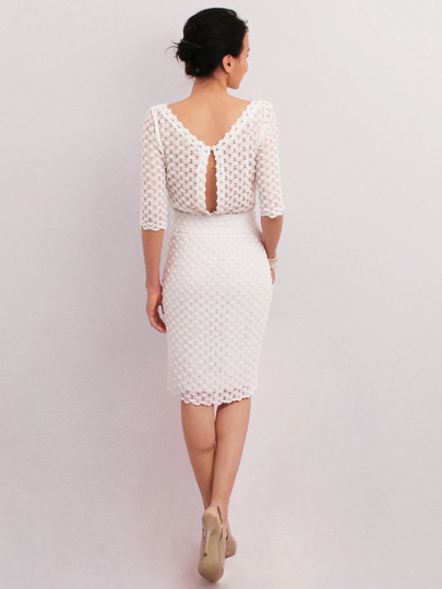 White Pencil Dress, Elegant Midi Medium Sleeve, Knee Boat Neckline, Open-Back Casual Wedding, Short Wedding Dress