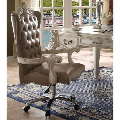 PU Executive Office Chair With Button Tufted In Light Brown And Cherry Oak