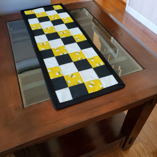 Quilted Honey Bee Table Runner, Summer Topper, Yellow Black White Decor, Kitchen Linen, Handmade Springtime Decor 24x8