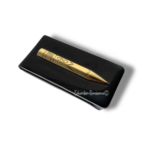 Antique Gold Pencil Money Clip Inlaid in Hand Painted Glossy Black Enamel Vintage Style With Personalized & Color Options