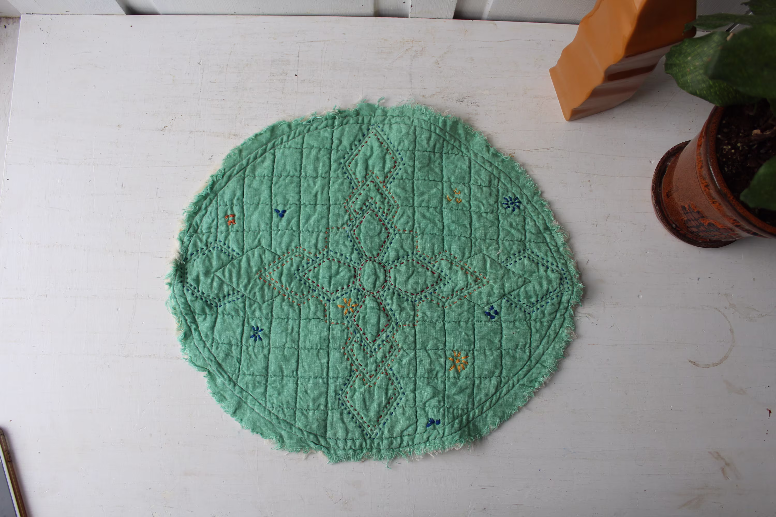 Green Quilted Embroidered Table Centerpiece Oval Linen With Fringe 15" X 17 1/2"