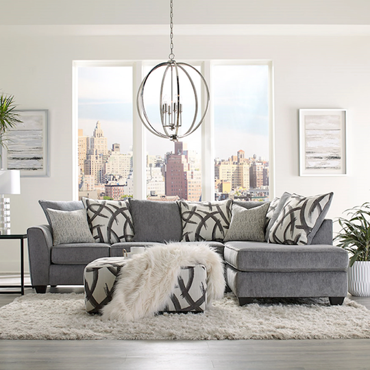 Roundhill Furniture Montero Contemporary L-shape Gray Fabric Sectional Sofa with Ottoman