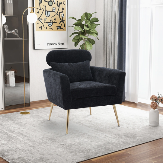 Modern Living Room Accent Chair 29.5"W Chenille Upholstered Flared Arms Lounge Chairs with Metal Leg & 1 Throw Pillow