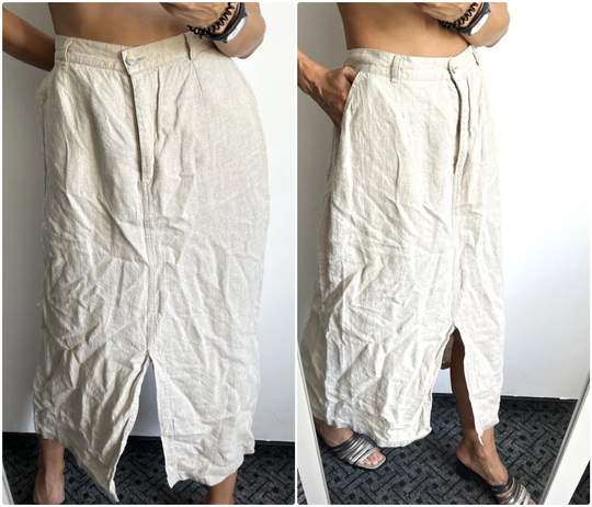 Vintage Linen Zip Fly Skirt/Maxi Pencil Minimal Basic High Waisted Front Back Slot - L