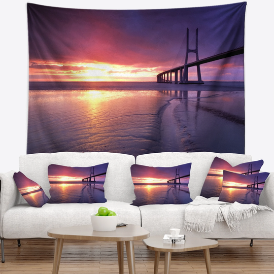 Designart 'Colorful Vasco Da Gama Bridge' Pier Seascape Wall Tapestry
