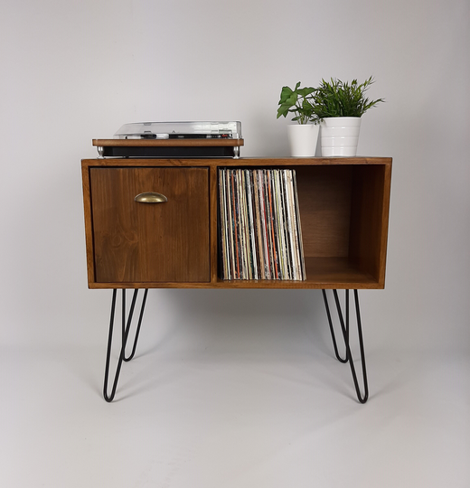 Vinyl Record Storage | Walnut Sideboard Brass Handle Media Console Black Hairpin Legs Mid Century Modern Credenza