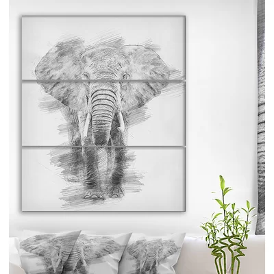 'Black and White Elephant Pencil Sketch' Drawing Print Multi-Piece Image on Wrapped Canvas