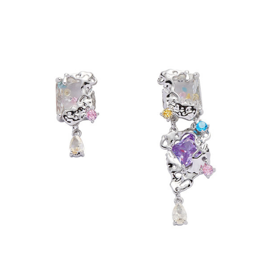 Dreamy Color Square Asymmetrical Dangle Earring Colorful Crystal Earrings Drop Rhinestone Statement