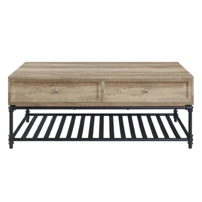 Ley 47 Inch Coffee Table, 2 Drawers, Industrial Design, Slatted Shelf, Oak