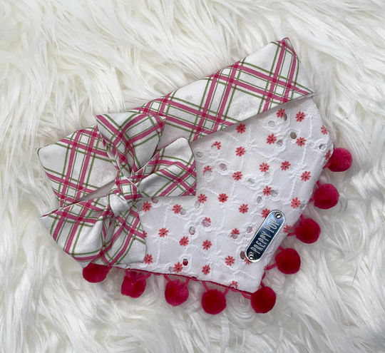 Pink Daisy Eyelet With Plaid Dog Bandana Optional Pom Trim
