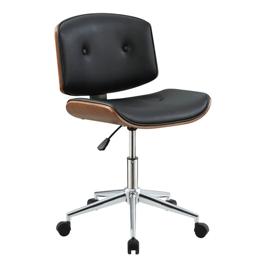 Camila Office Chair in Black PU & Walnut, Contemporary Casual Style, Curved Wooden Walnut Finish, Leather Tufted Seat