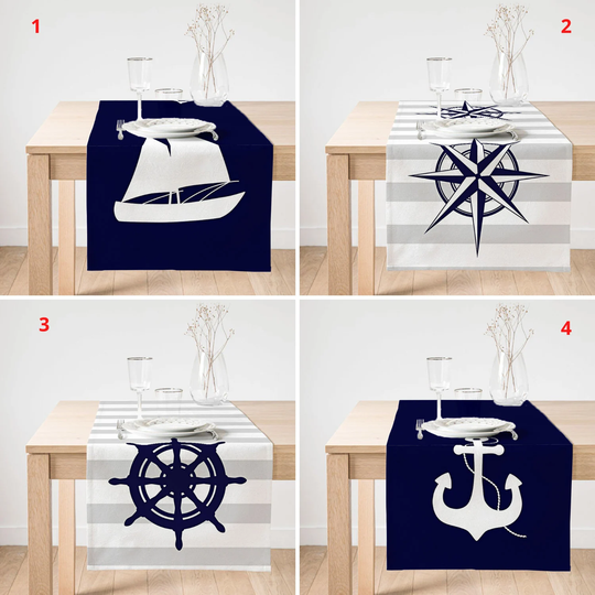 Boat Table Runner, Nautical Cover, Navy Dark Blue White Kitchen Porch Decoration, Rudder Tablecloth, Gift For House