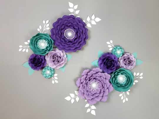 Purple & Teal Paper Flowers Wall Decor, Nursery Girl's Room Art