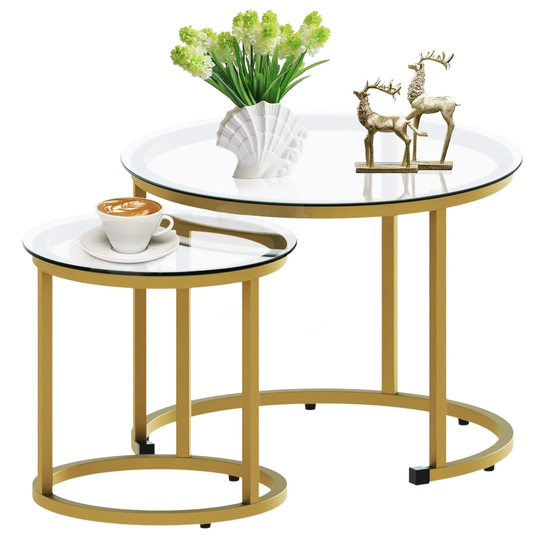 Gold Nesting Coffee Table Set of 2, Small Glass Nesting Tables for Living Room Bedroom,23.6D x 23.6W x 17.7H in