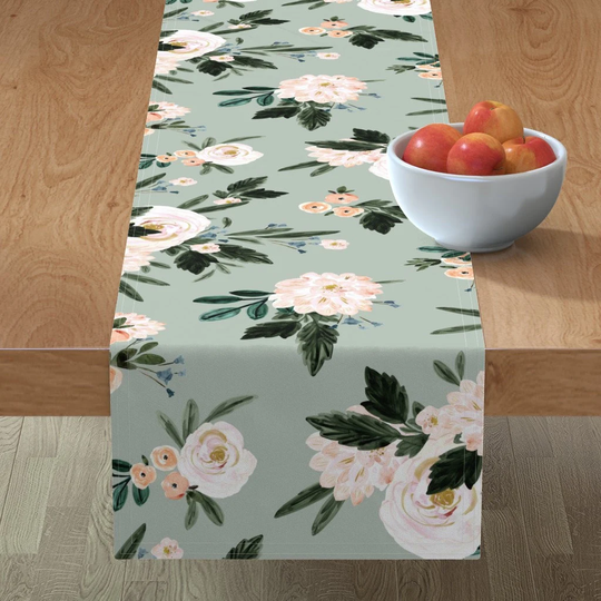 Watercolor Roses Table Runner - Moody Vintage Sage By Crystal Walen Large Scale Cotton Sateen Spoonflower