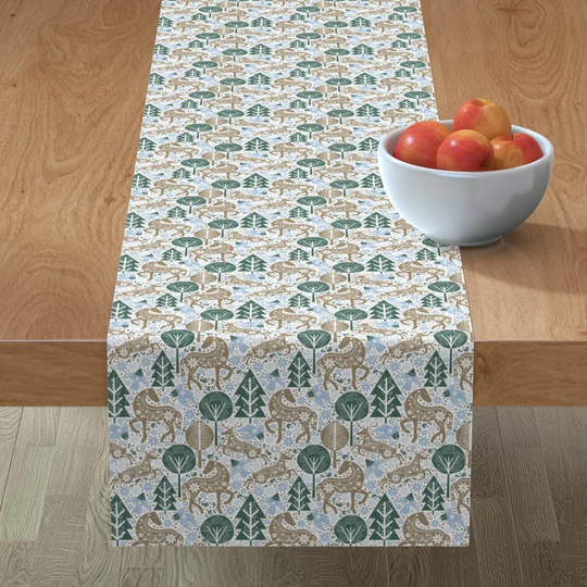 Scandi Woodland Table Runner - Calm Forest Scandinavian Folk By Famenxt Winter Animals Sky Blue Cotton Sateen Spoonflower