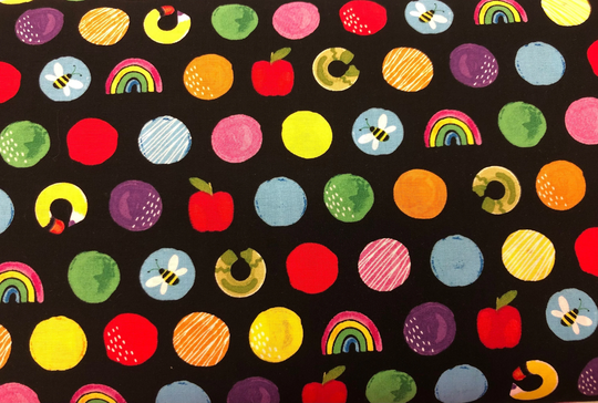 School Fabric, Cotton Dots Rainbow Circles Apples Fabric By The Yard, Pencils Black