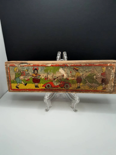 Early 1900's, Antique, German, Wooden Pencil Box With Children Playing On Front