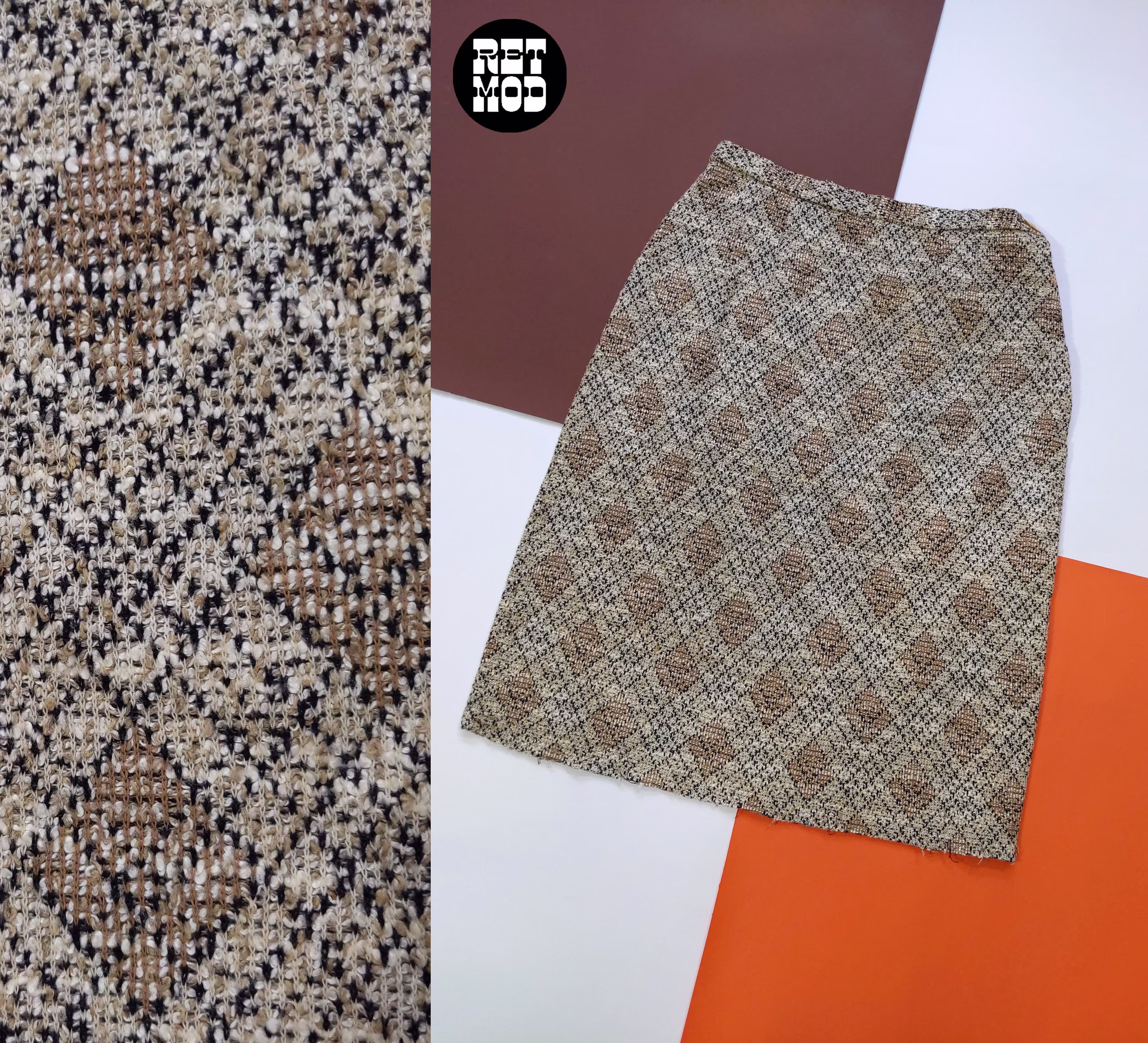 Classic Vintage 60S 70S Beige Plaid Tweed Pencil Skirt