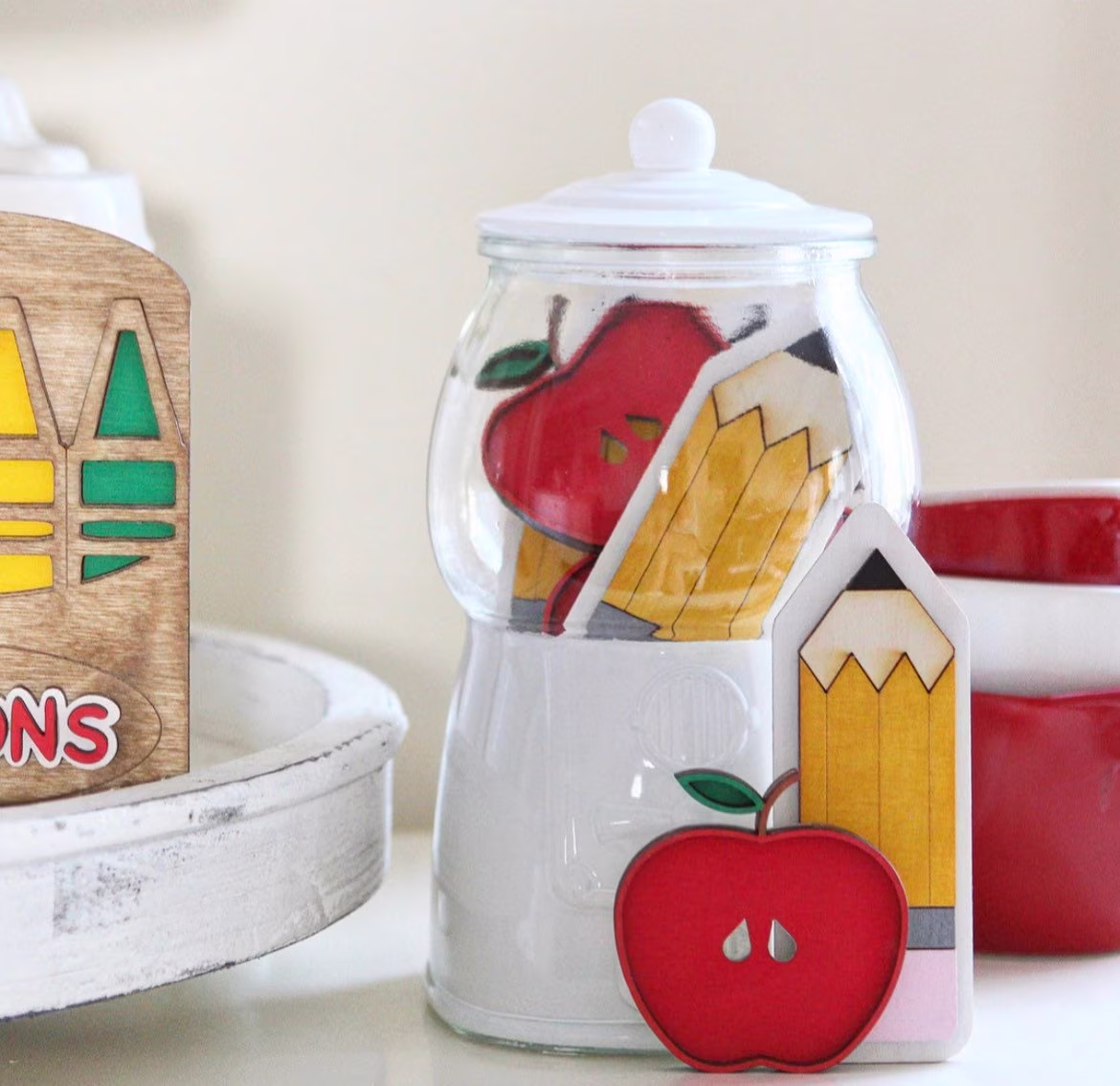 Back To School Mini Wood Pencil & Apple Cut-Outs, Bubblegum Machine Fillers, Tiered Tray Decor, Farmhouse Style, Classroom Teacher