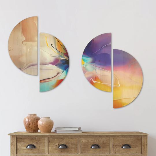 Designart 'Creative Flower in Multiple Colors' Floral Wood Wall Art Set of 4 Half Circles - Multi-Color