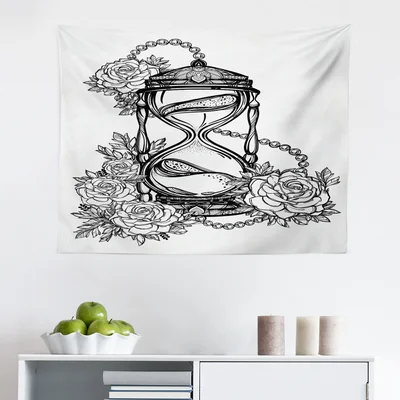 Ambesonne Tattoo Tapestry, Pencil Drawing Romantic Theme Hourglass Of Eternal Love With Roses Print, Fabric Wall Hanging Decor For Bedroom Living Room