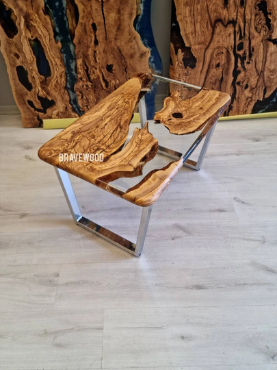 Epoxy Coffee Table With Clear Resin River, Olive Epoxy Table, Center